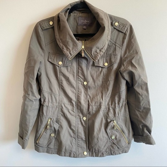 Cole Haan Olive Green Fatigue Utility Jacket Gold with Accents Size Medium - Picture 3 of 13